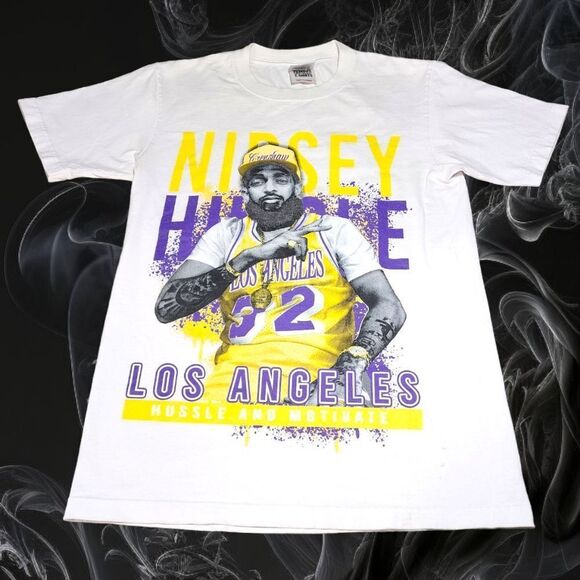 Nipsey Hussle Unisex Lakers Heavyweight Tee White Purple & Gold M TINY FLAWS - Picture 8 of 13